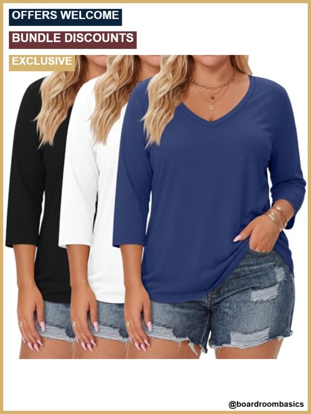 Plus Size V Neck 3/4 Sleeve Tops 3 Pack Cotton Blend Curved Hem